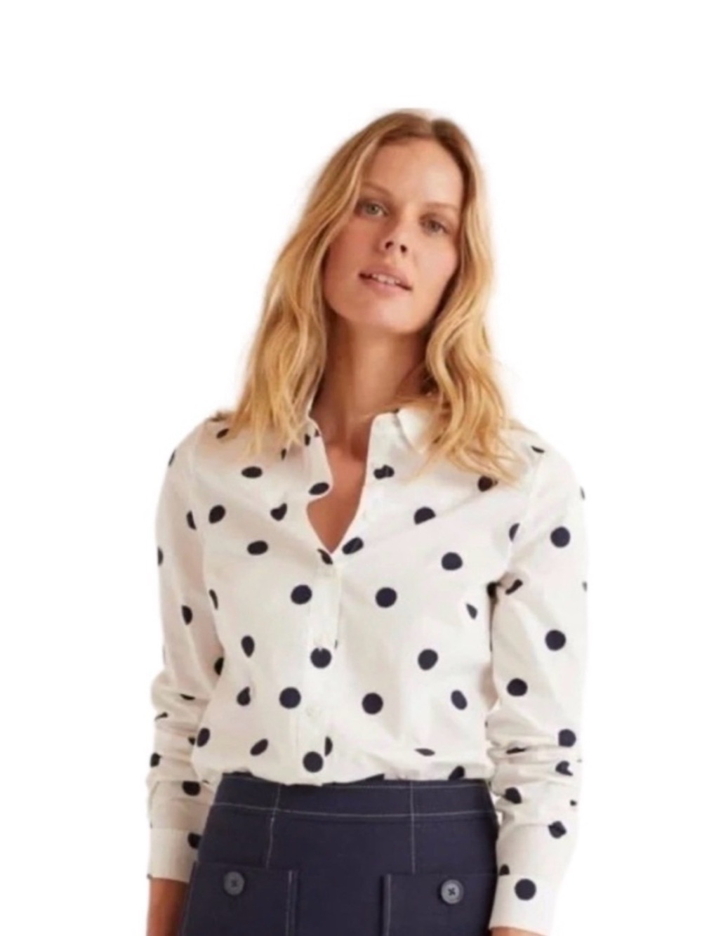 BODEN “The Classic Shirt”in
white with Navy blue polka dots
Size 10 R